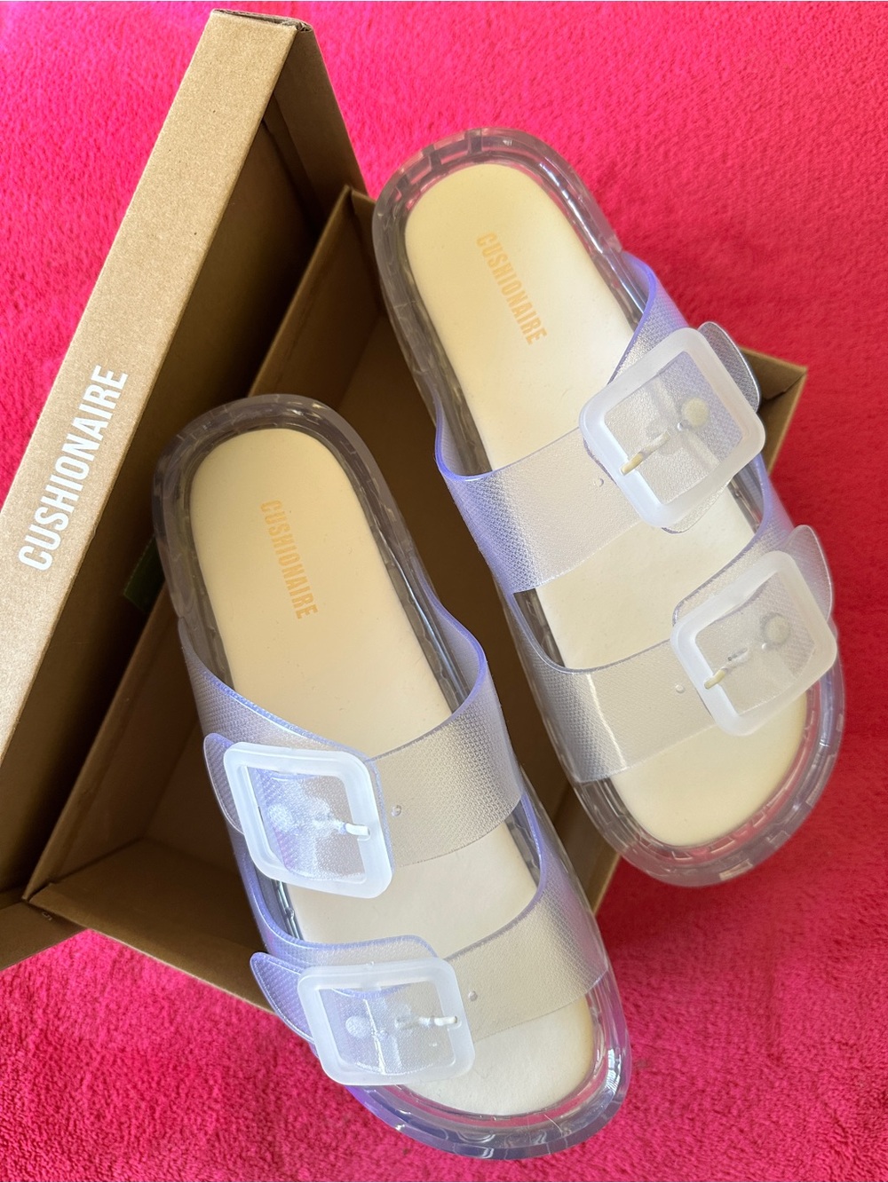 CUSHIONAIRE Women’s Clear White Double-Buckle Slide Sandals